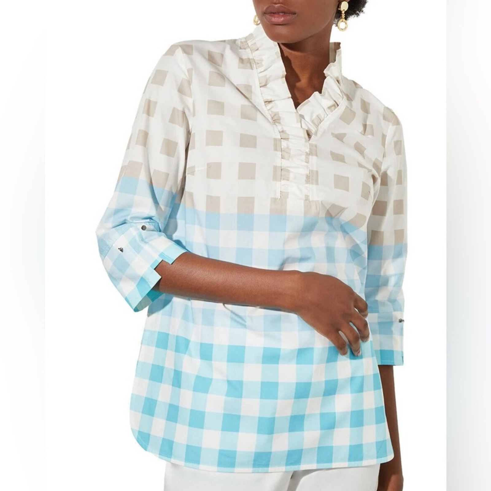 Ming Wang $328 Ruffled Cotton Gingham Blouse Size M